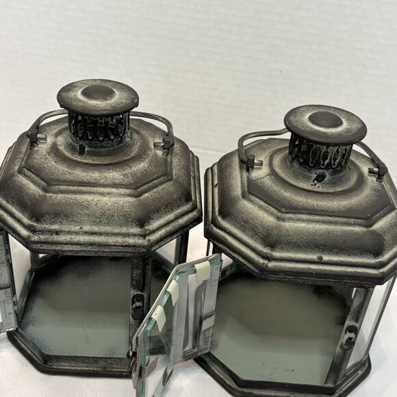 Hanging Lantern Metal Tealight Candle Holders With Glass Set of 2 RusticHanging - Picture 3 of 6